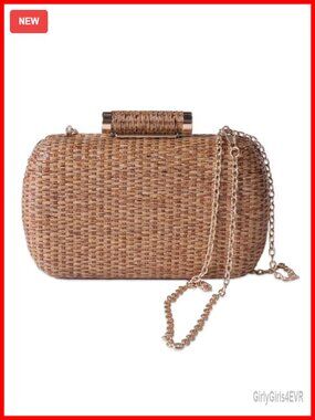 Hand-Woven Straw Clutch with Detachable Chains - Boho Evening Purse